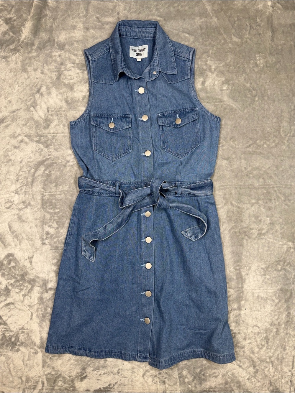 Velvet Heart Light Blue Denim Sleeveless Denim Mini Dress with pockets